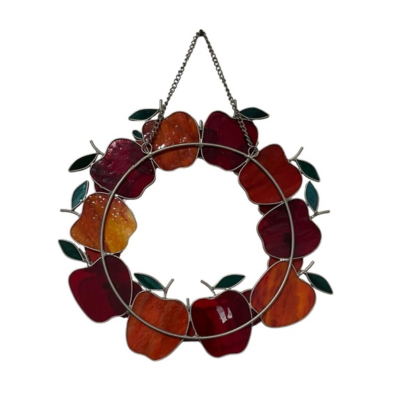 Vintage 90s Stained Glass Style Apple Wreath Window Hanging Suncatcher - Picture 8 of 9
